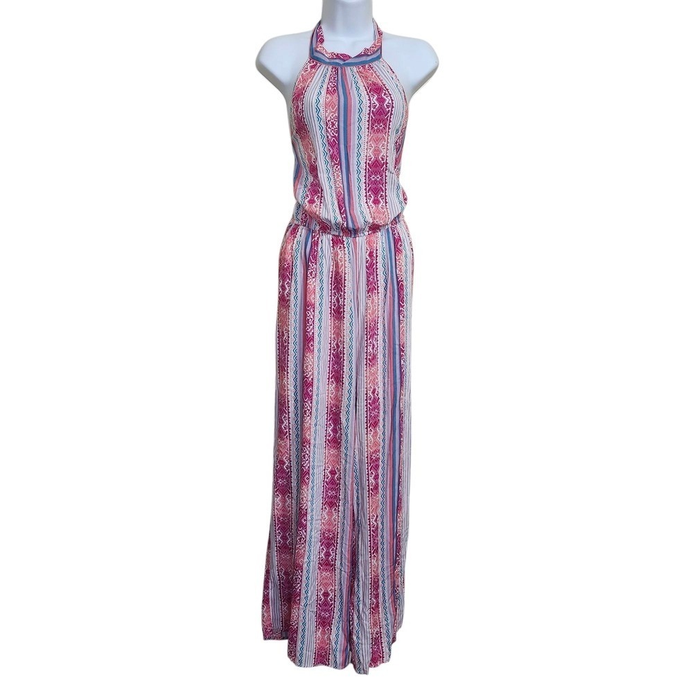 Savanna Jane Jumpsuit Womens Large Pink Geometric Halter Neck Wide Leg Boho